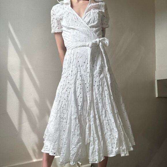 Diane von Furstenberg White Eyelet Wrap Dress 6 Cotton Collared Designer - Picture 2 of 8